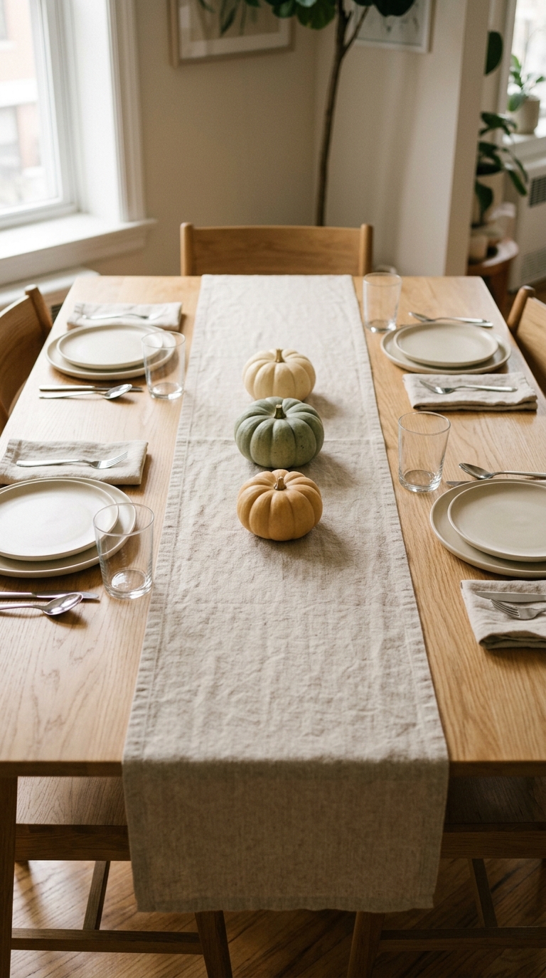 Straight-on view of a narrow linen runner centered on a wood dining table leaving exposed space for place settings.