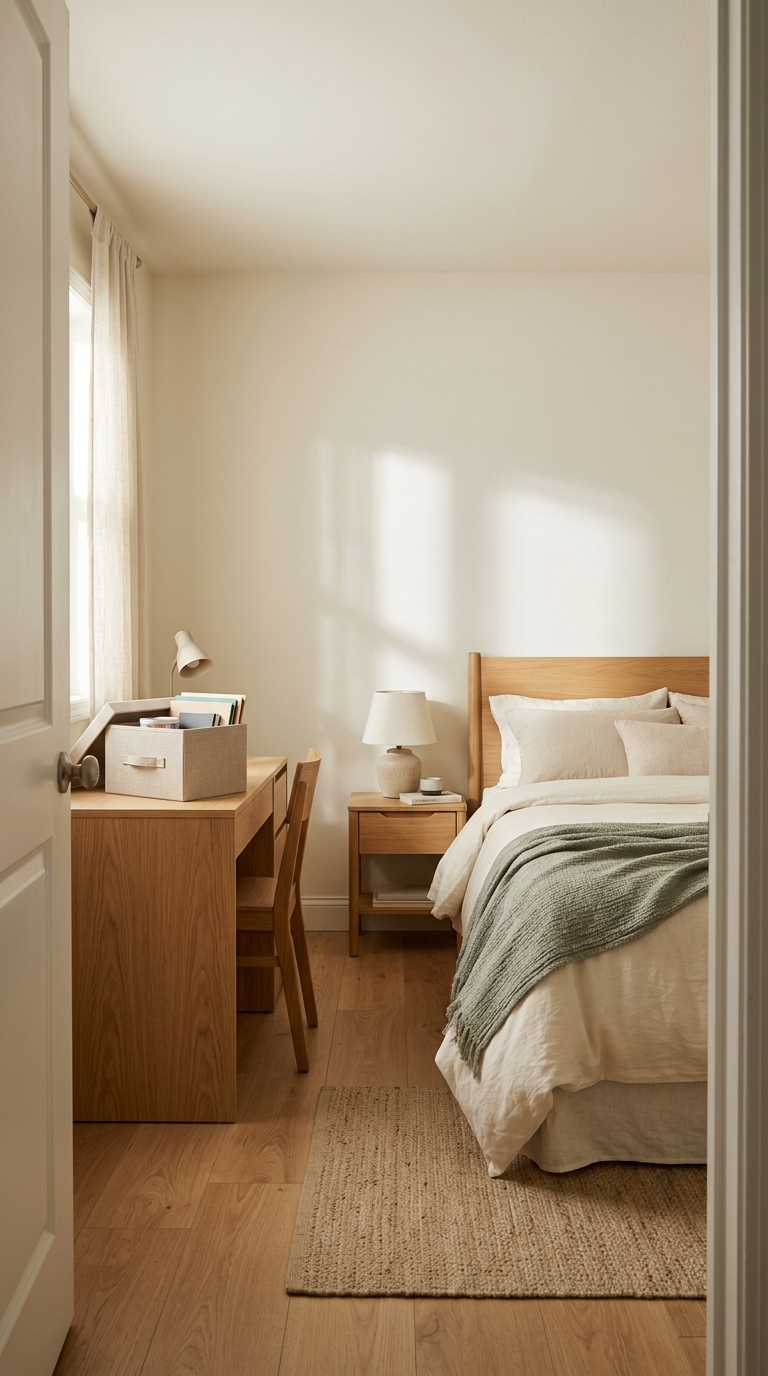 A small guest bedroom with everyday office supplies consolidated into neat storage boxes on a desk beside a clean, prepared bed.