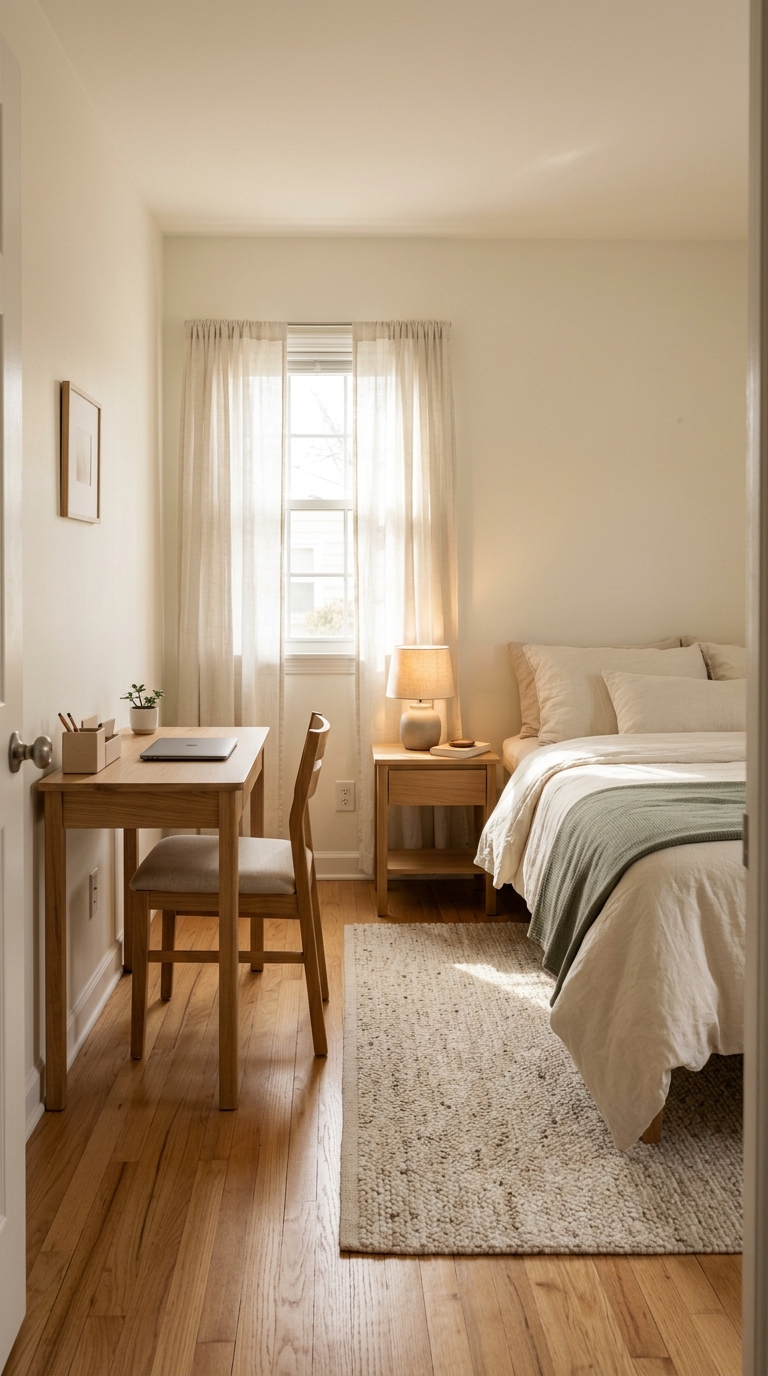 A neatly organized small guest bedroom with a prepared bed, clear walking space, and a compact desk ready for holiday guests.