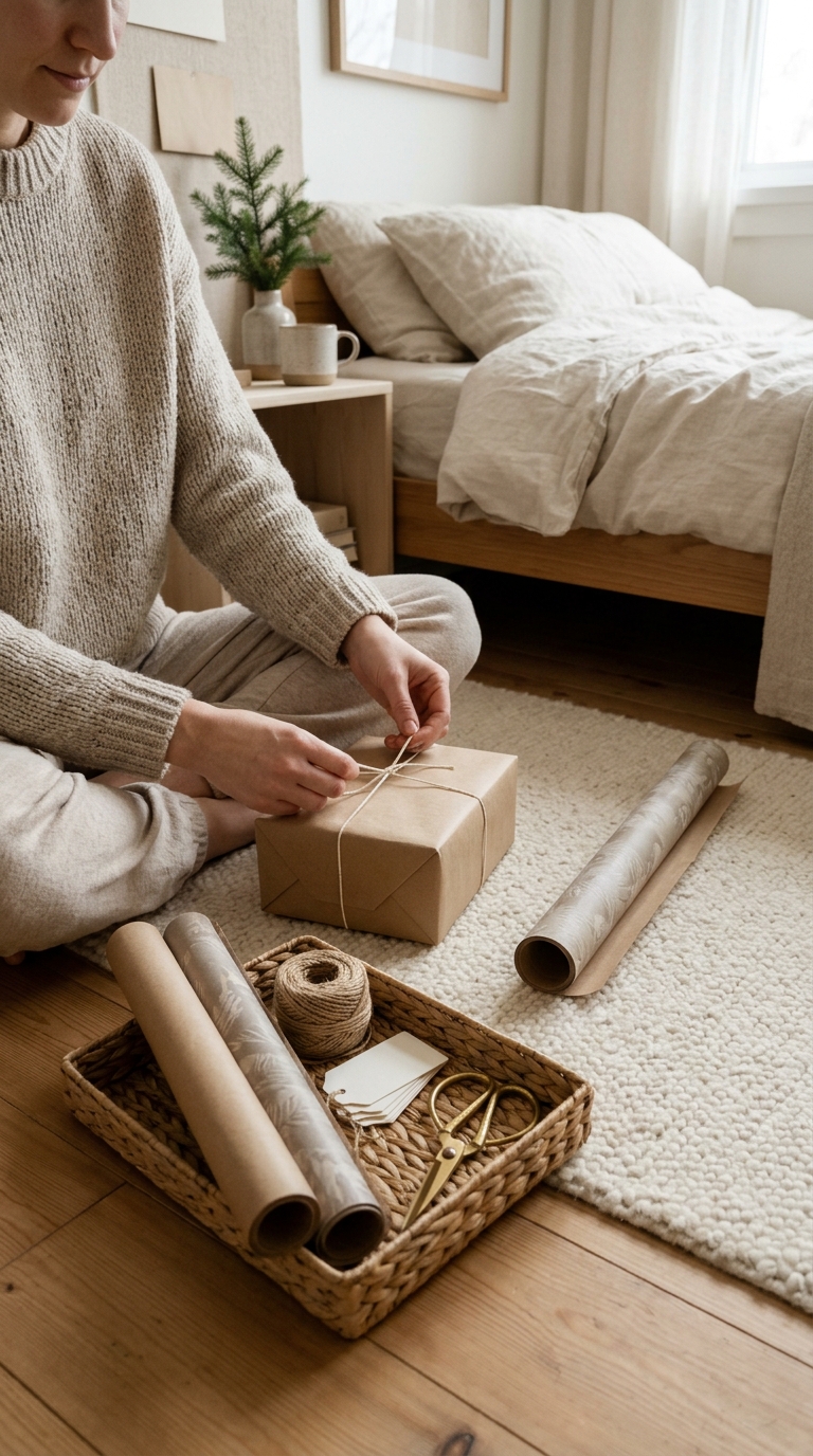 Person wrapping gifts with kraft paper and an organized storage basket on the floor of a compact bedroom.