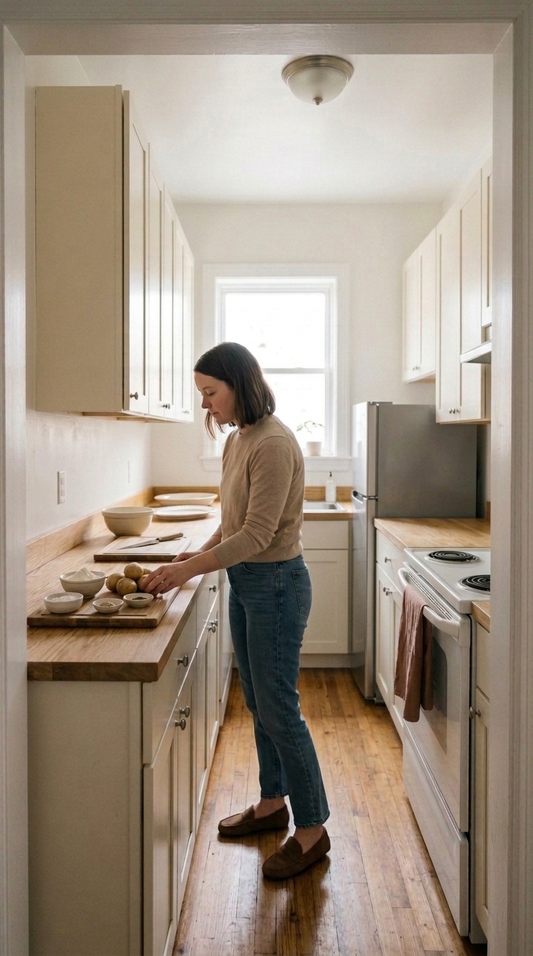 A woman grouping raw ingredients and prep bowls on a small apartment kitchen counter before cooking Thanksgiving dinner.