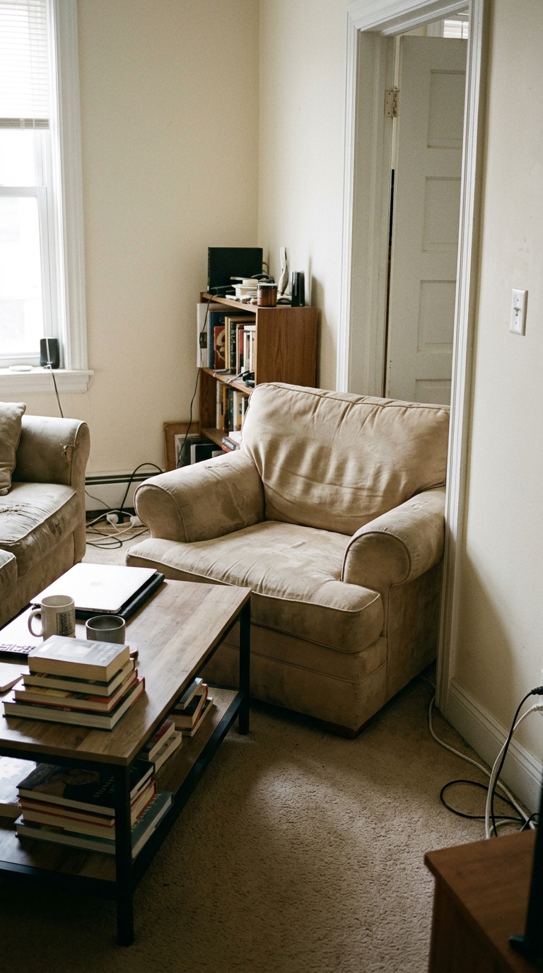Bulky armchair bought during Black Friday home deals crowding a narrow walkway in a small rental living room.