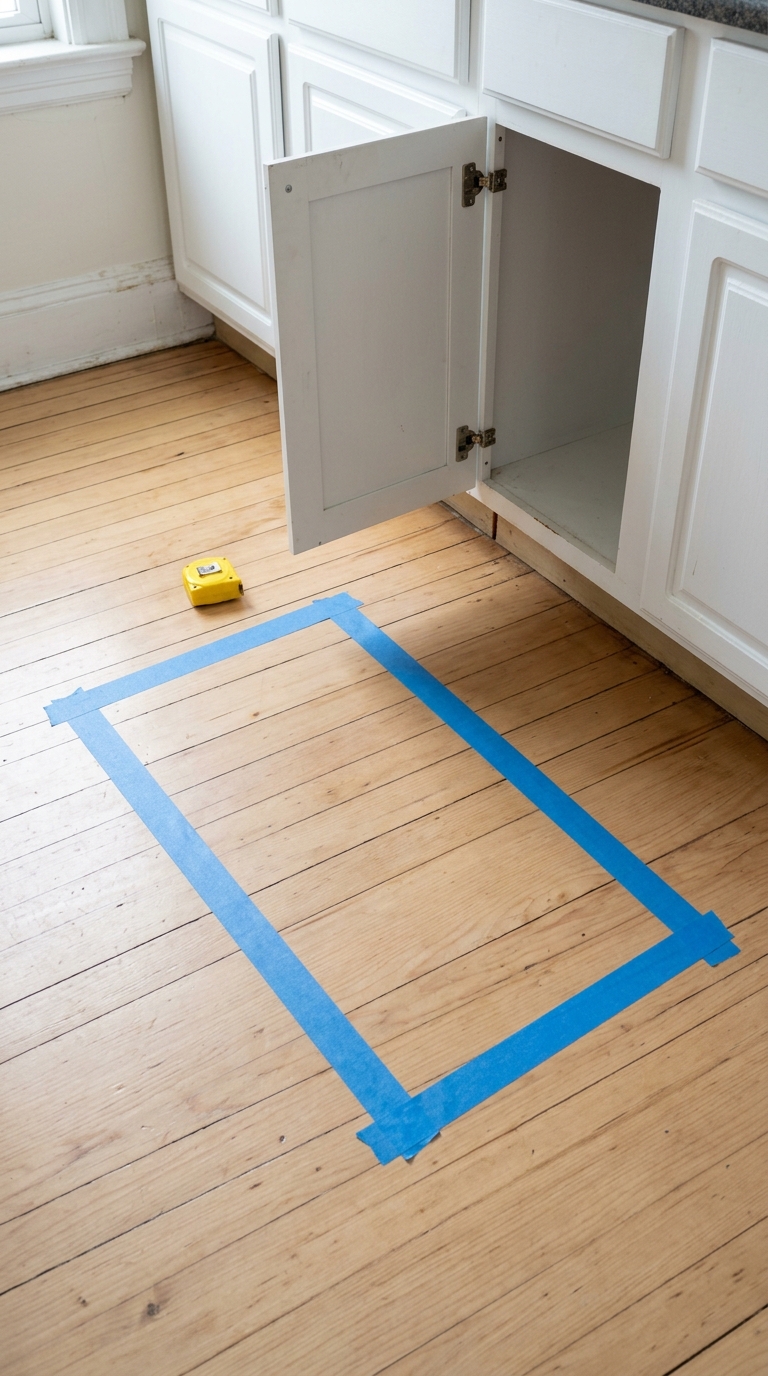 Blue painter tape outline on a galley floor testing clearance to add counter space to a small kitchen