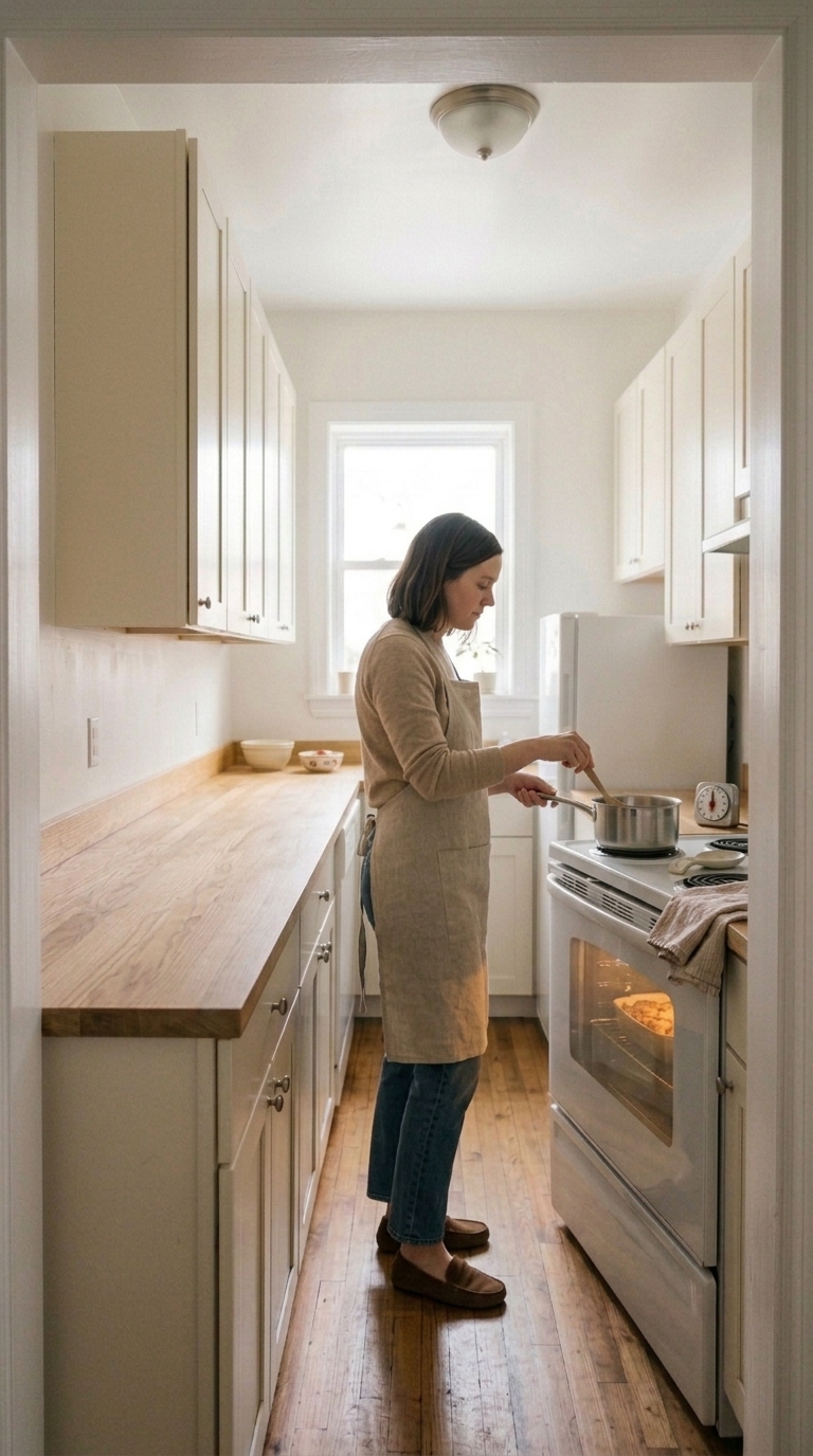A woman cooking a side dish on the stovetop with the oven running in a small galley kitchen with straight counters and uncluttered prep surfaces.