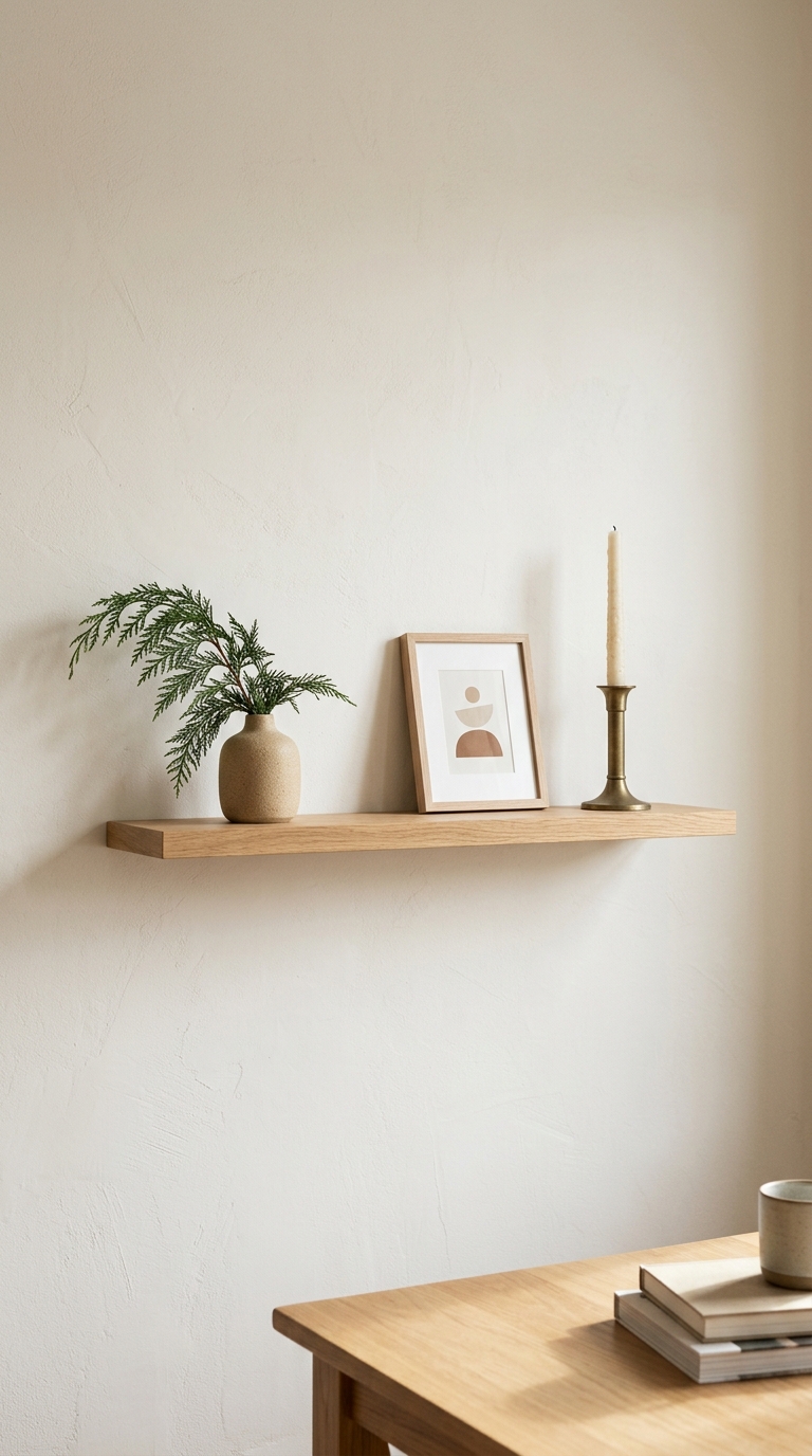 Minimal seasonal wall shelf decor styled to prepare a small home for the holidays