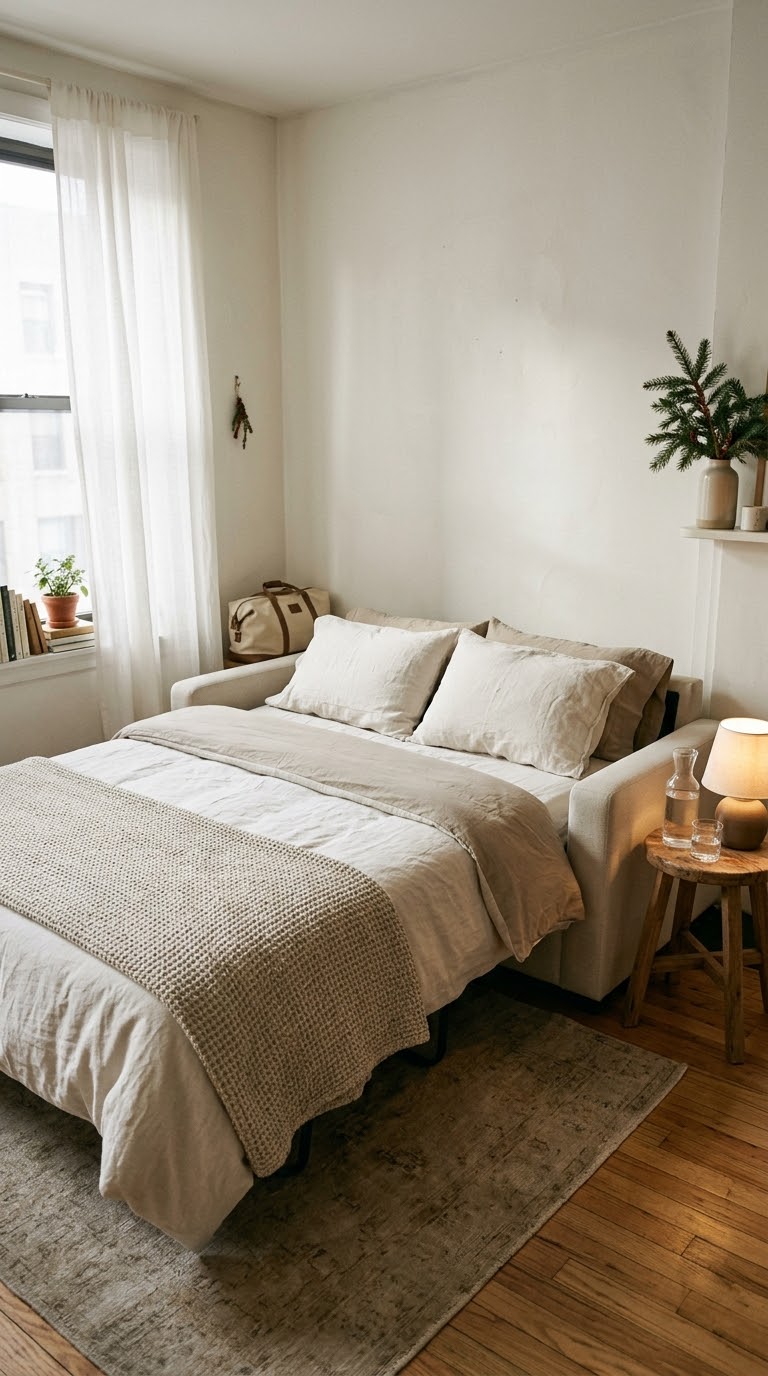 Daybed prepared with clean linens and water carafe to prepare a small home for the holidays with overnight guests