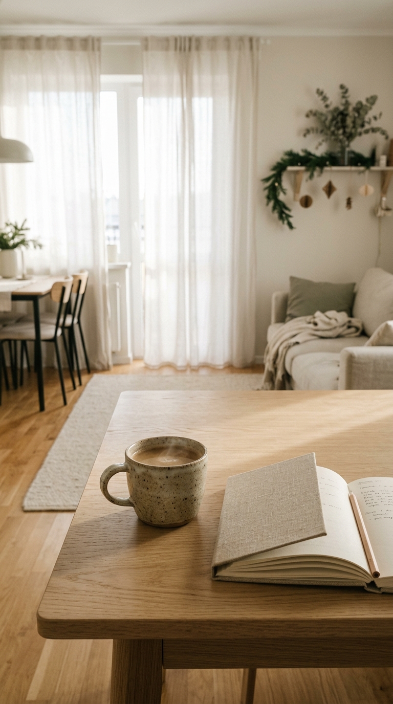 Quiet morning coffee and notebook on a cleared table to prepare a small home for the holidays