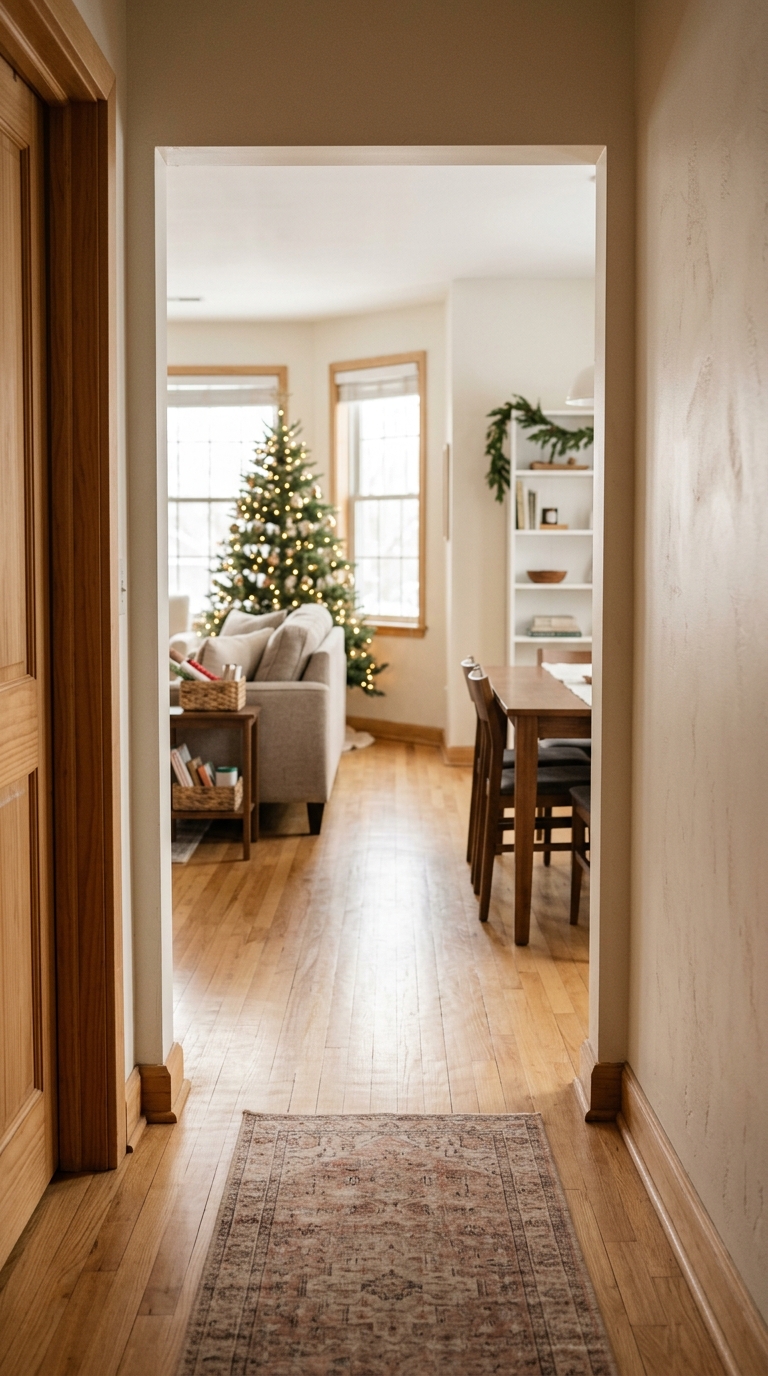 Clear and unobstructed hallway and living area floor to prepare a small home for the holidays