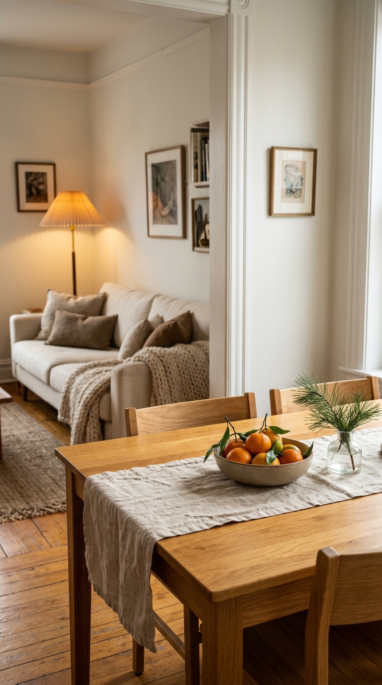 Clean dining table and living area staged to prepare a small home for the holidays