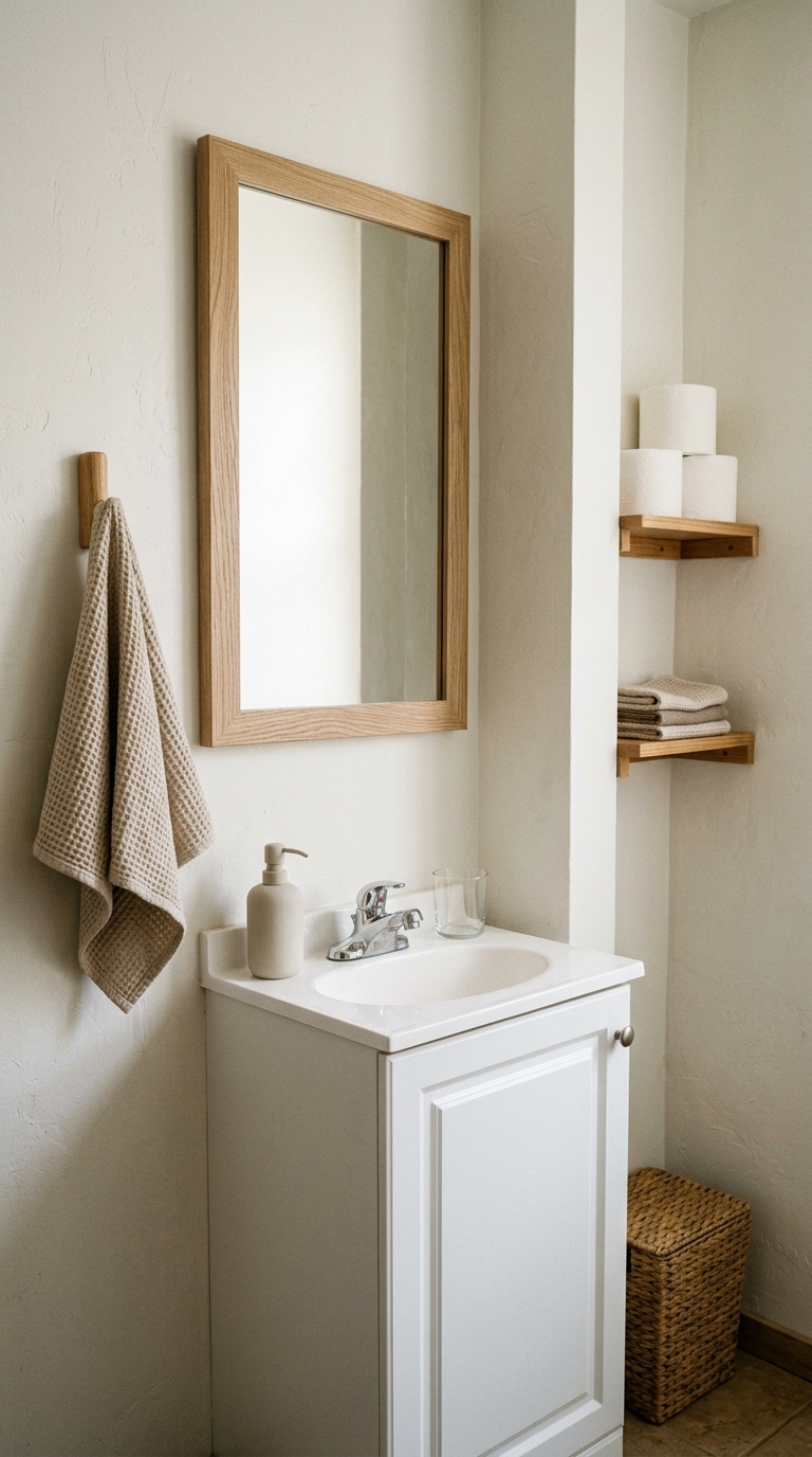 Compact bathroom vanity with clean sink and visible spare toilet paper on wall shelves