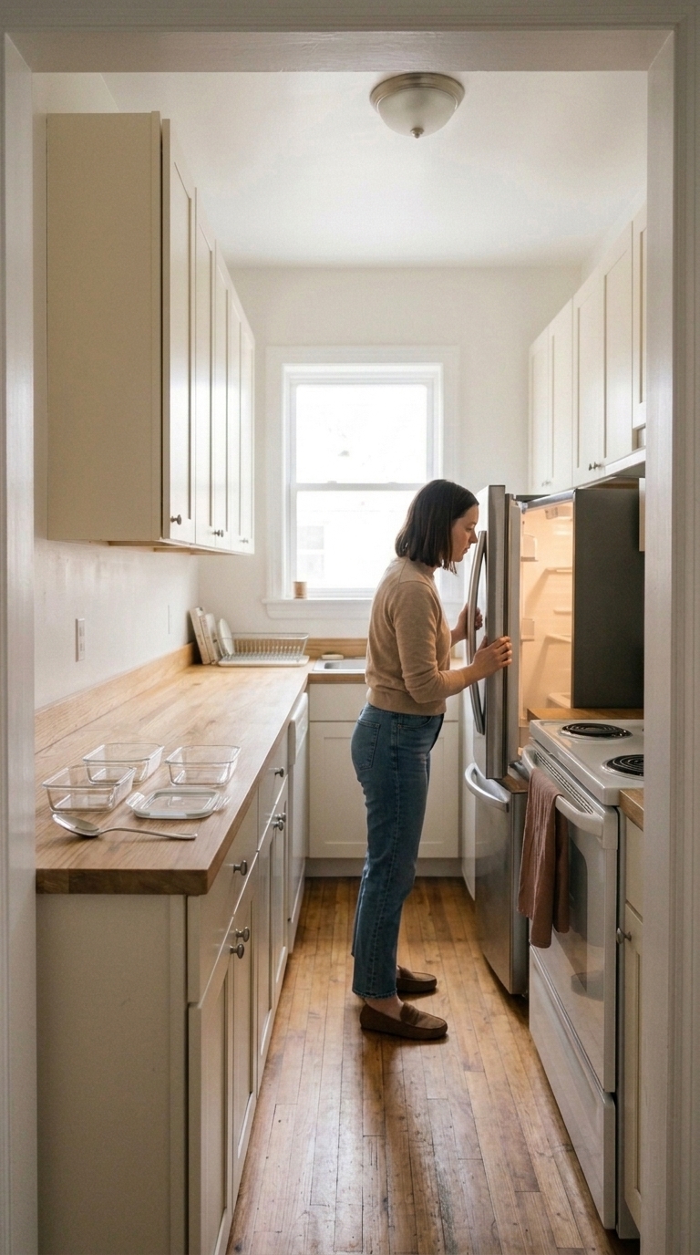 A woman checking refrigerator space while clean food storage containers sit ready on a small kitchen counter before Thanksgiving dinner.