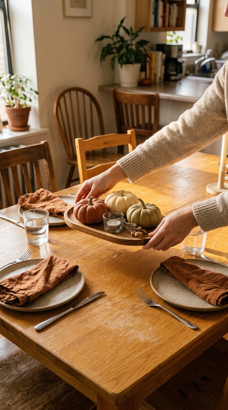 Hands lifting an oval wooden tray with ceramic pumpkins off an oak dining table.