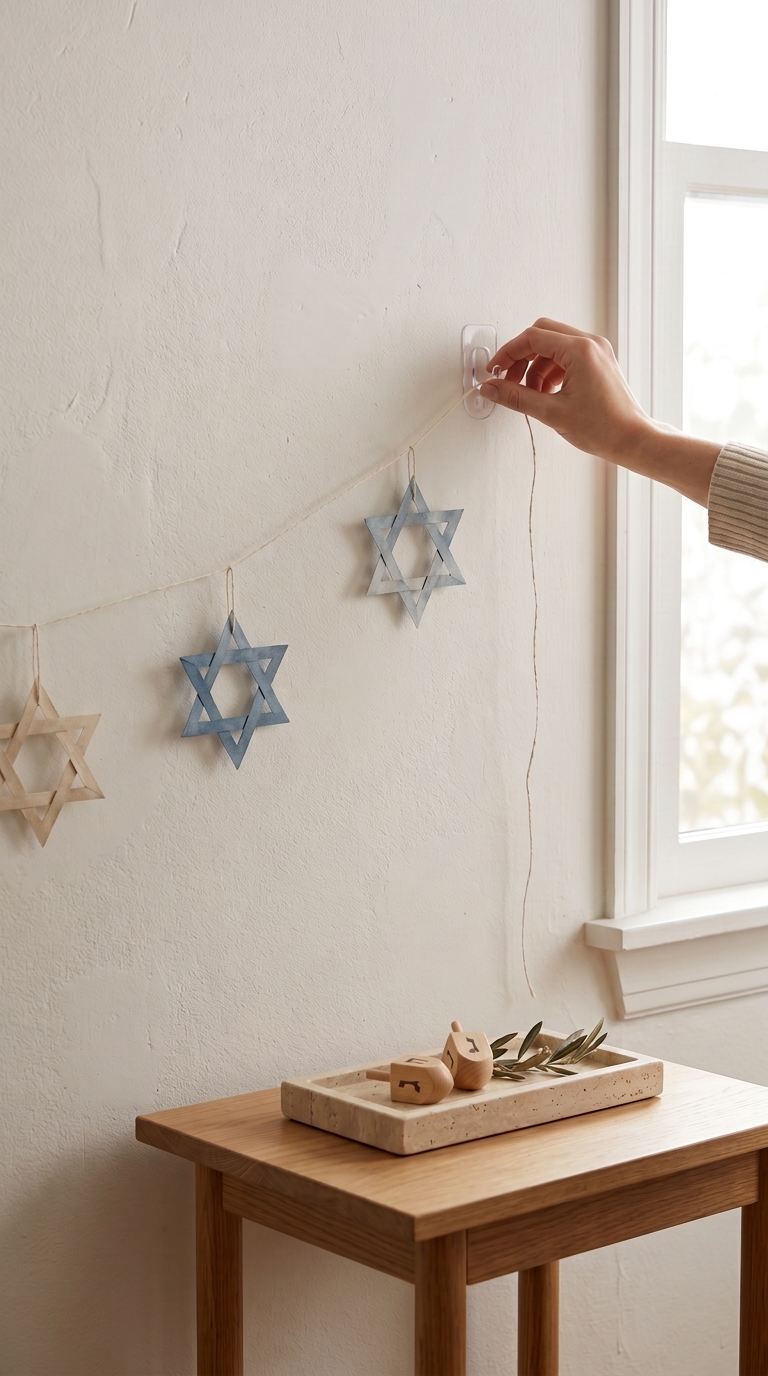 A renter hanging a lightweight paper star garland with a damage-free hook for easy small-space Hanukkah decor