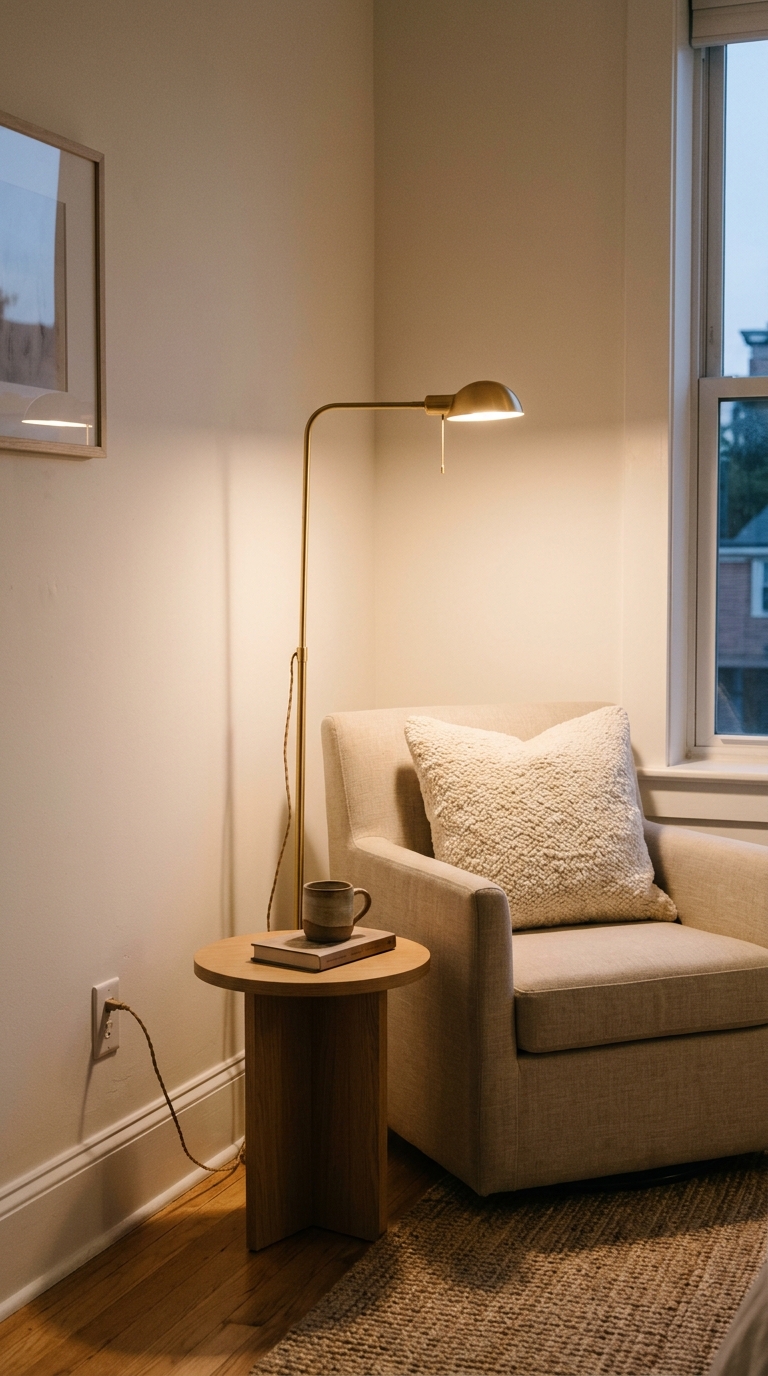A cozy rental reading corner with a slim brass floor lamp, neutral linen armchair, and small side table.