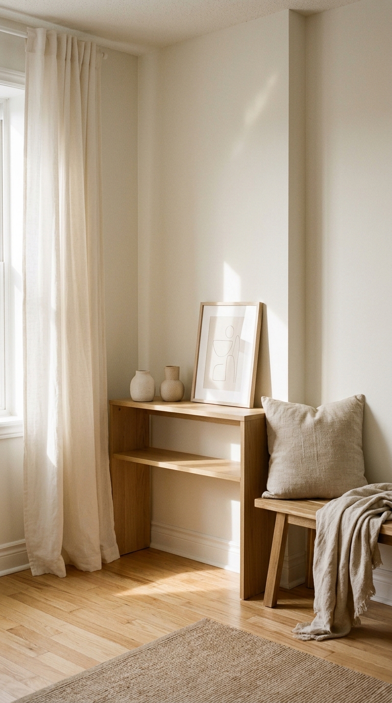 Neutral apartment corner styled with floor-length linen curtains, ceramic vases, and framed wall art.