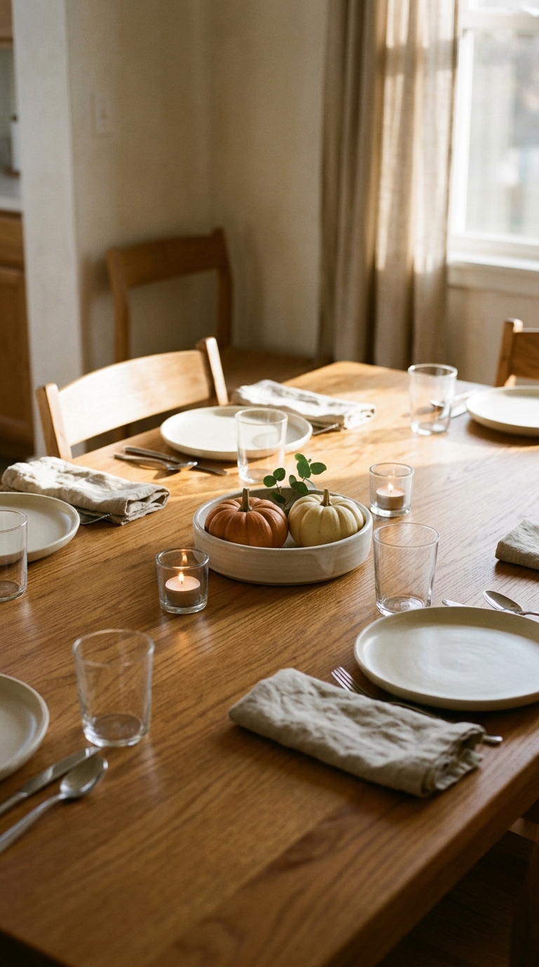 Neutral ceramic dishes and glass tea light holders arranged neatly on an oak surface.
