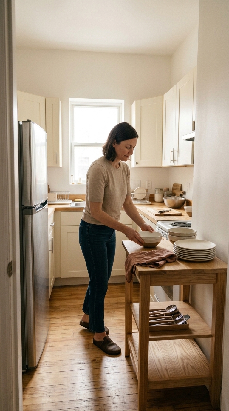 A woman setting clean ceramic plates and dining supplies on a small wooden rolling kitchen cart to create extra work space in a compact galley kitchen.