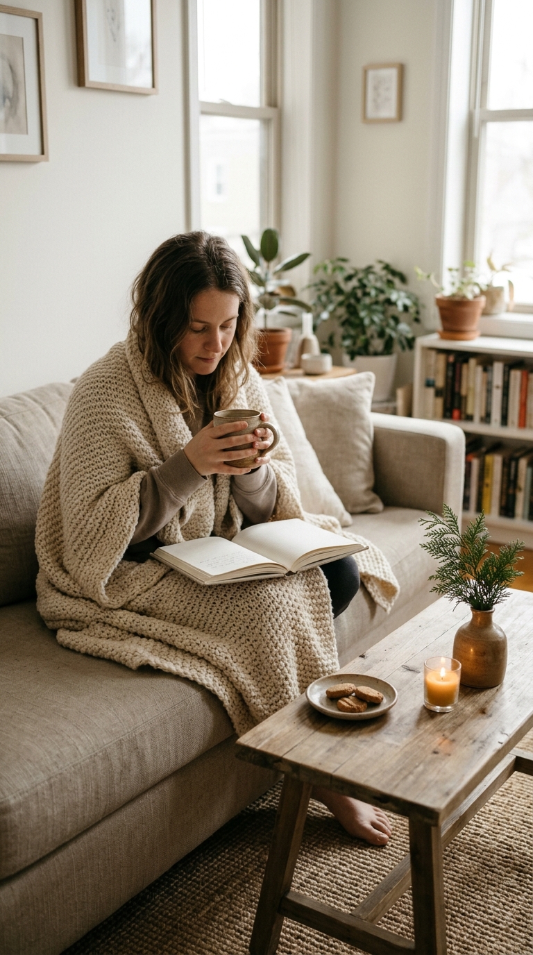 Person wrapped in a knit blanket sitting on a cozy sofa enjoying a quiet morning coffee.
