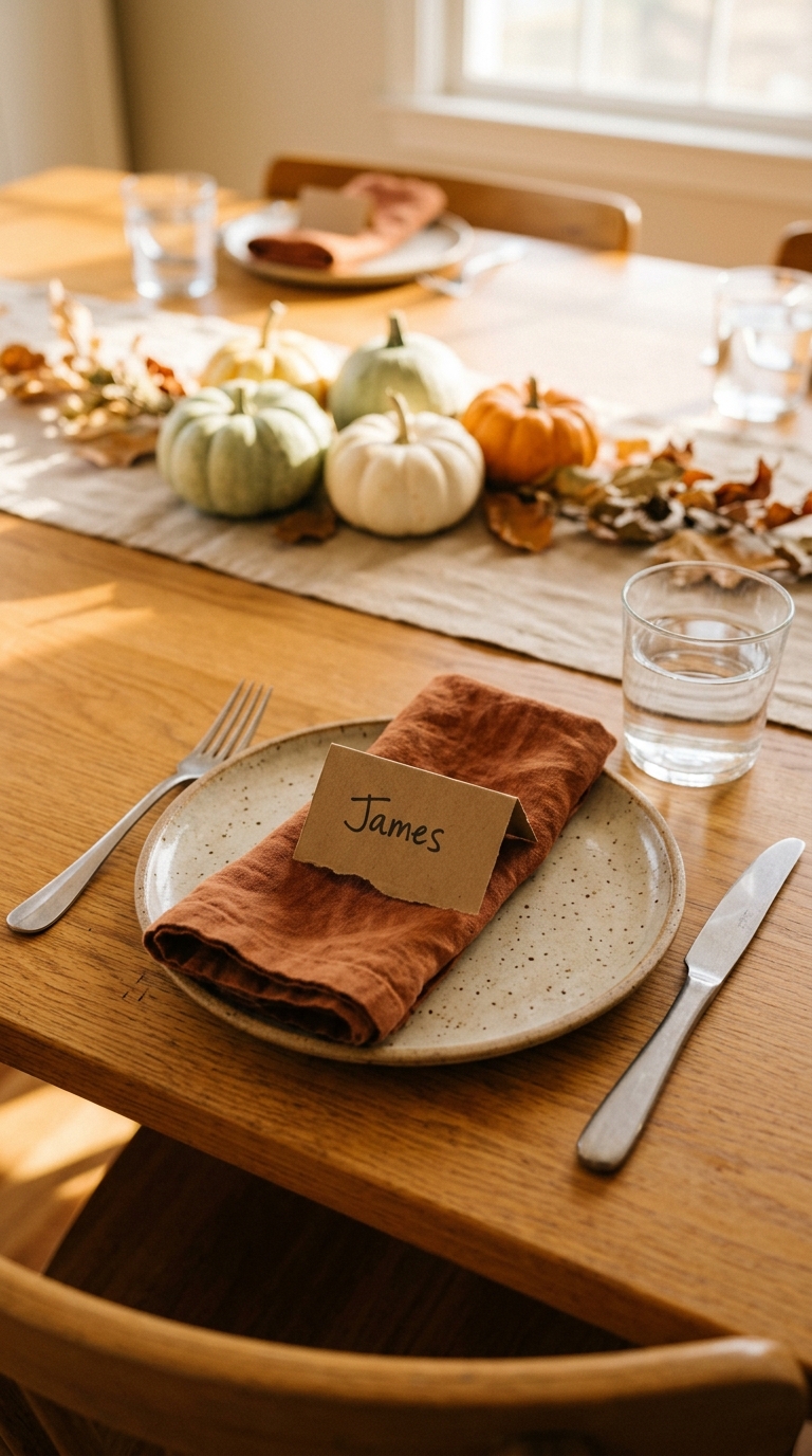 A handwritten kraft paper name card resting against a folded cloth napkin beside silver flatware.