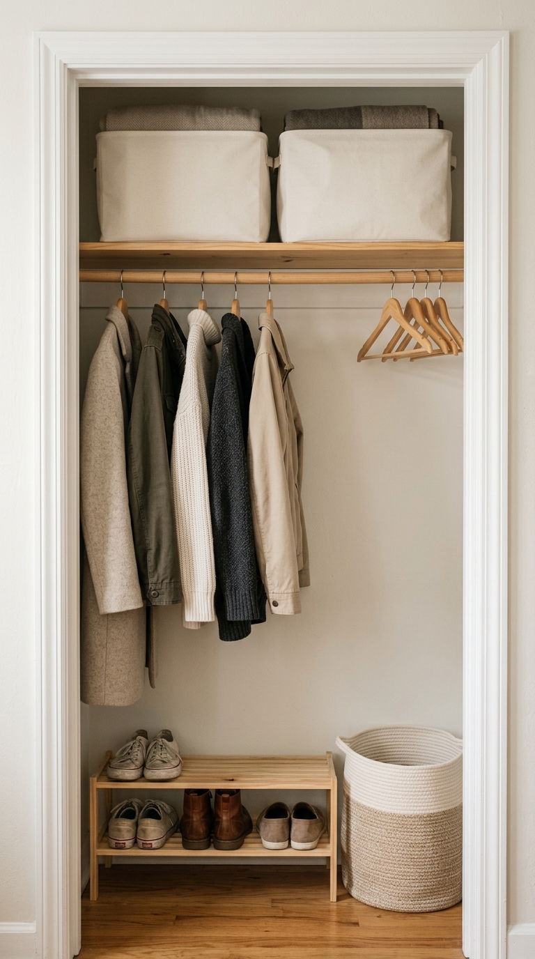 Organized small bedroom closet with winter coats and empty hangers ready for guests