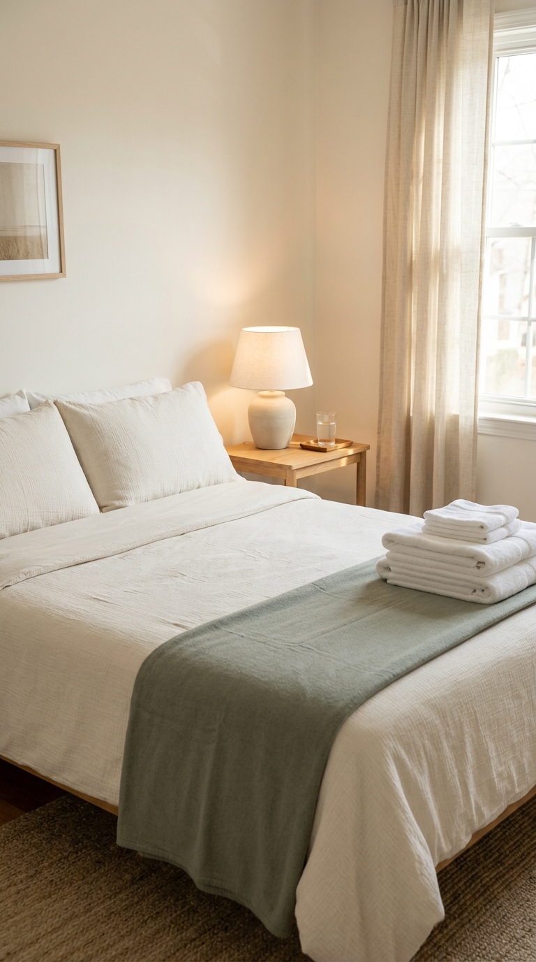 Small guest room with fresh cream bedding, folded towels, and a bedside lamp