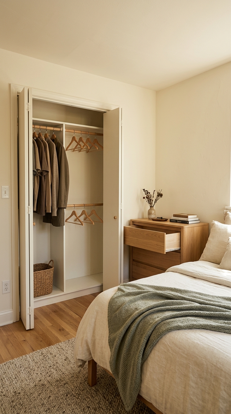 A small guest bedroom closet with empty wooden hangers on the rail and an open dresser drawer ready for guest clothing.