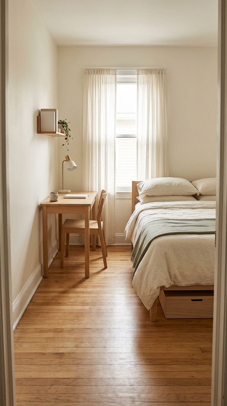 Small guest room with discreet under-bed storage and a simple wall shelf