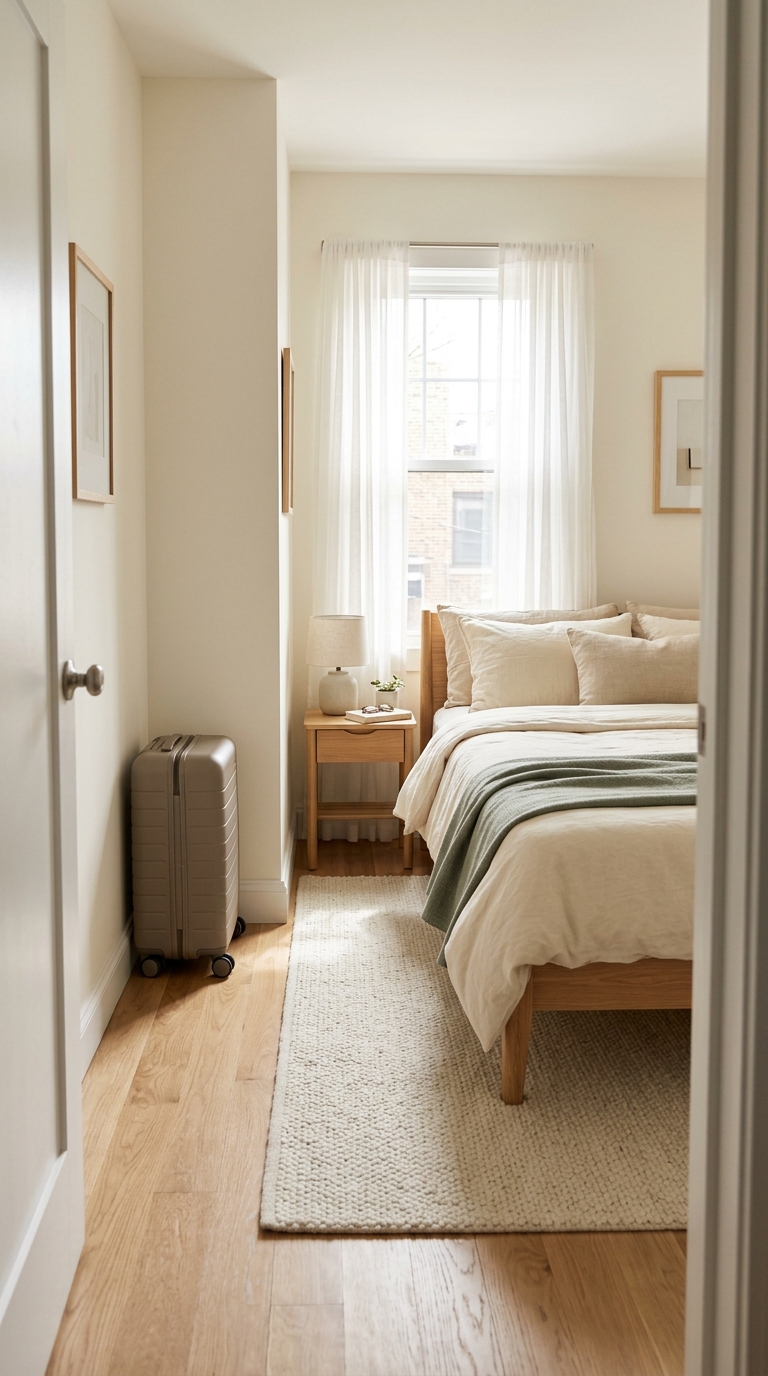 A guest bedroom showing a compact rolling suitcase placed neatly against the wall, leaving the doorway and bed pathway completely clear.