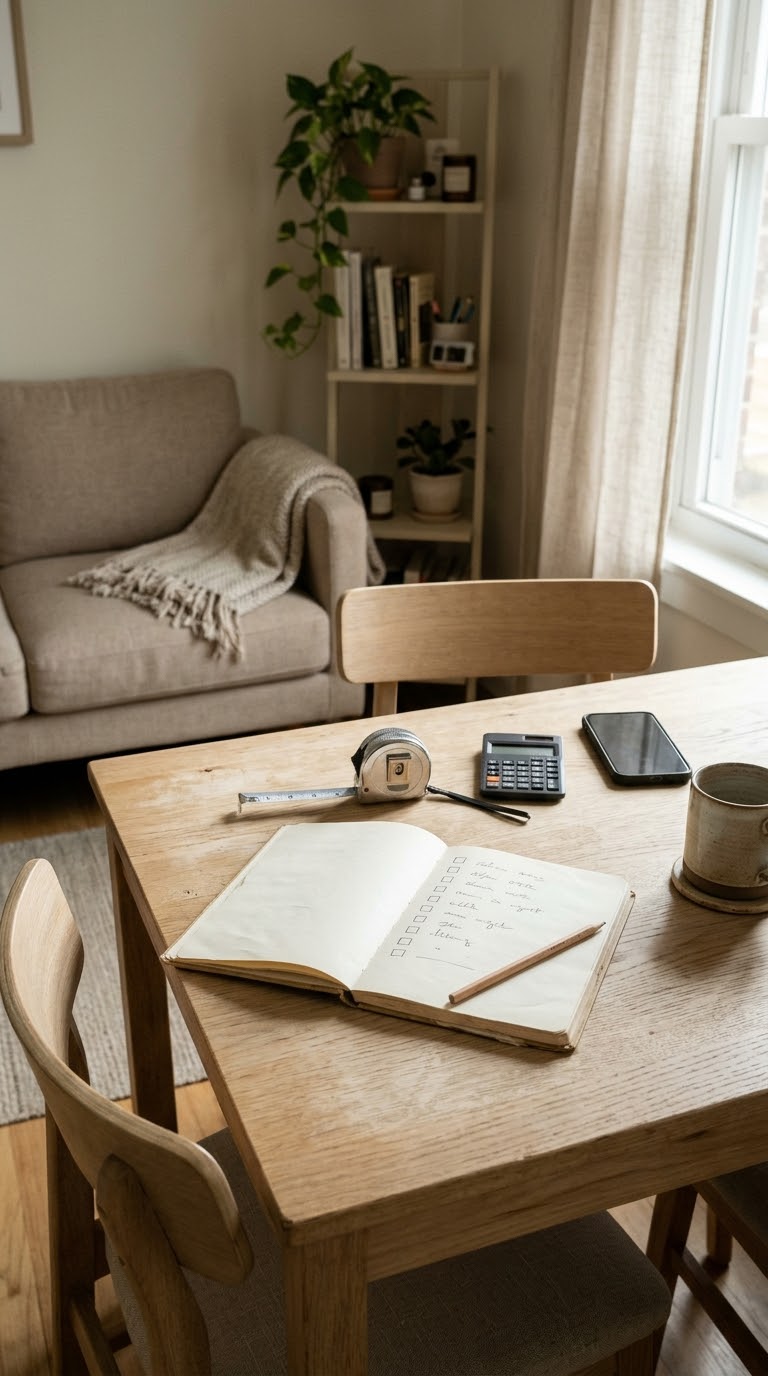 Open notebook planning checklist and tape measure on a wooden coffee table for evaluating Black Friday home deals.