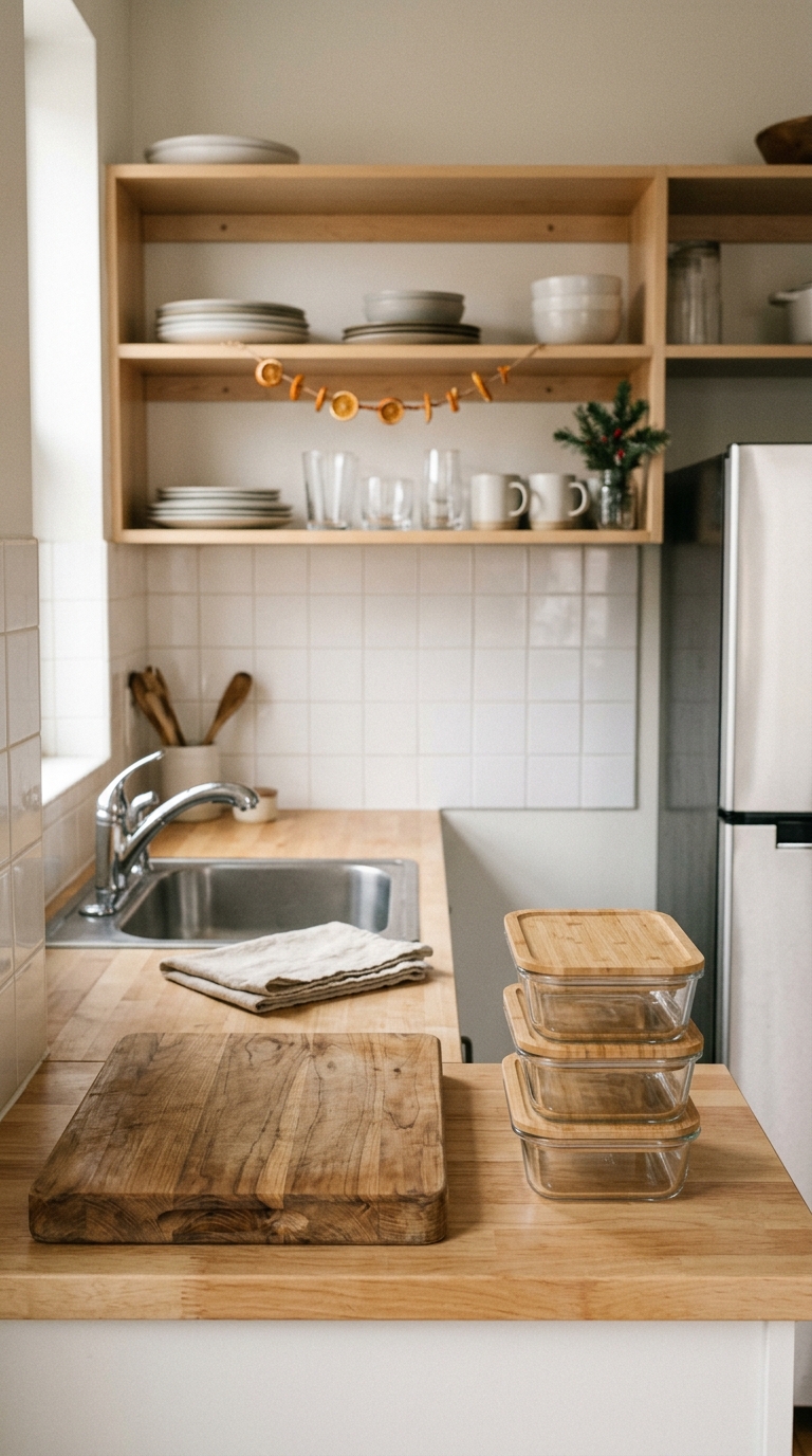 Cleared galley kitchen counter with cutting board and stacked containers in a small apartment