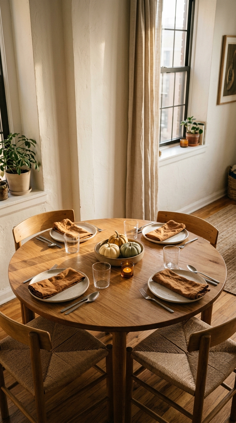 Thanksgiving table decor for small spaces featuring a round wooden table, four place settings, and a low centerpiece.