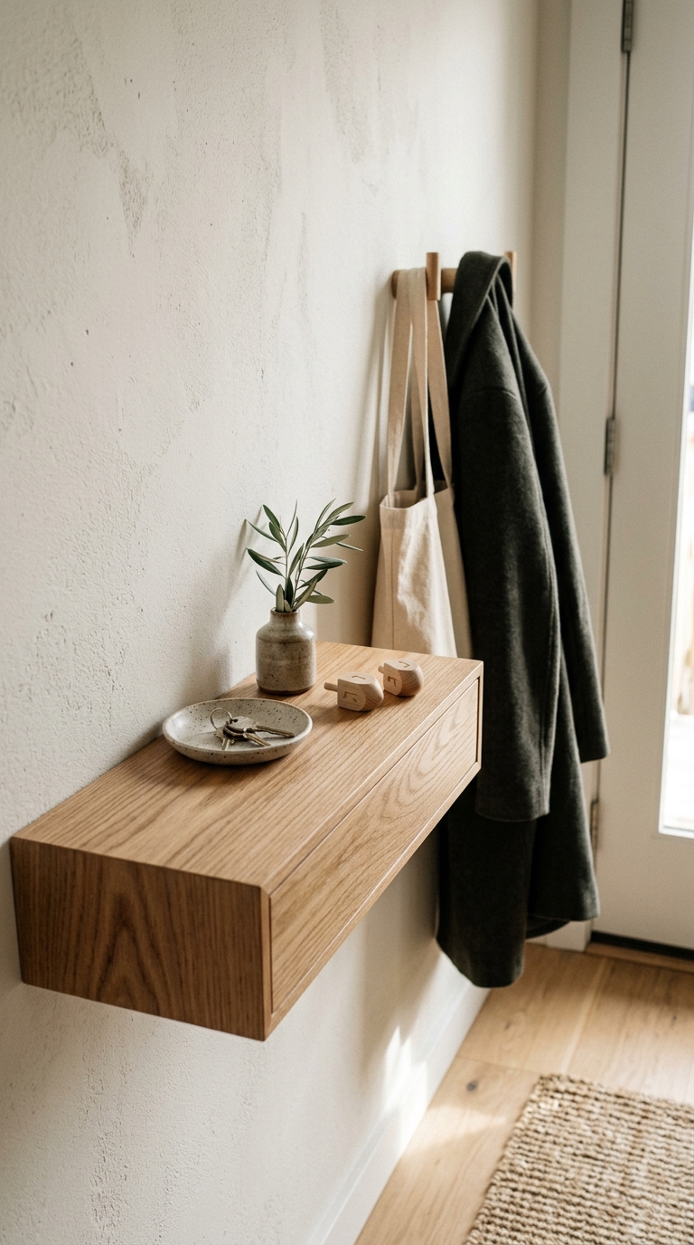 A wall-mounted oak entryway shelf decorated with a key dish, wooden dreidels, and a tiny vase with an olive sprig