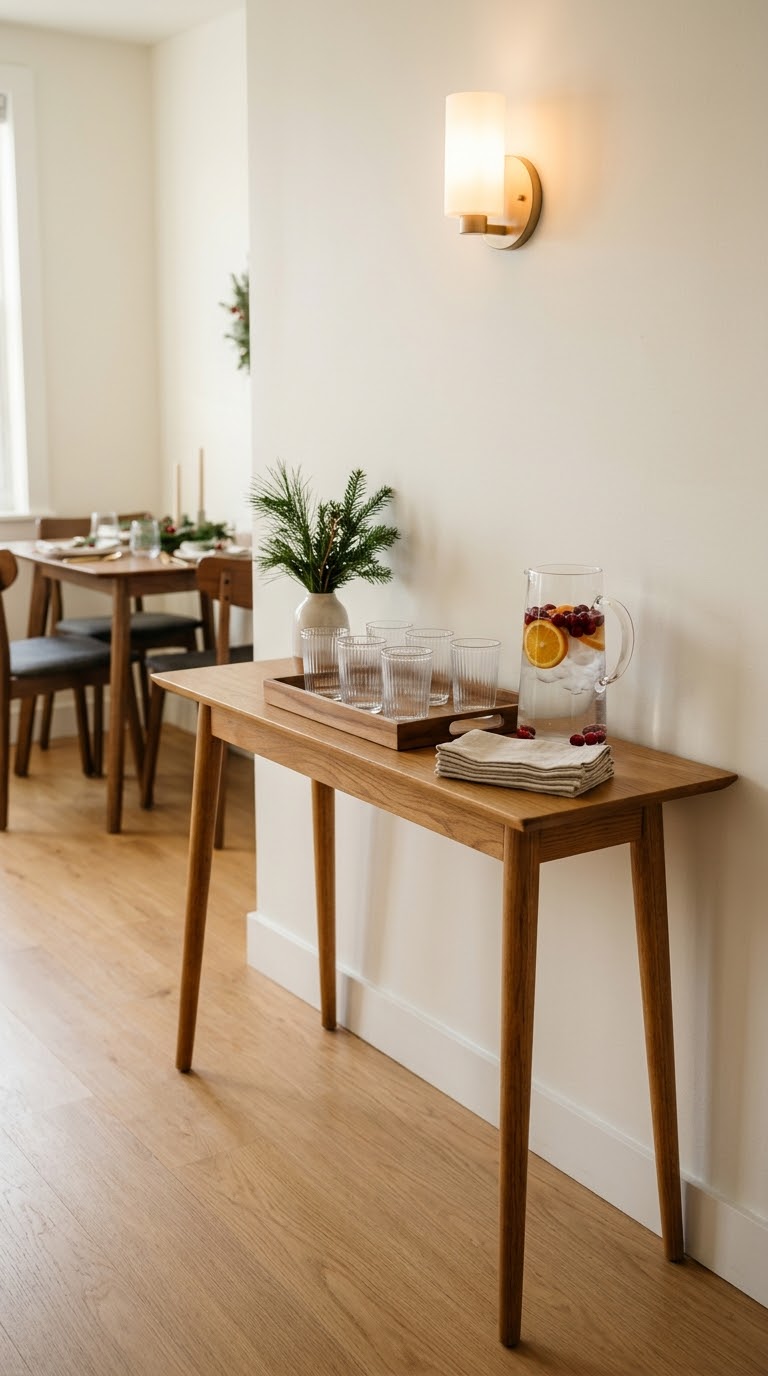 Slim console table styled as a self-serve holiday drink station leaving clear hallway walking space.