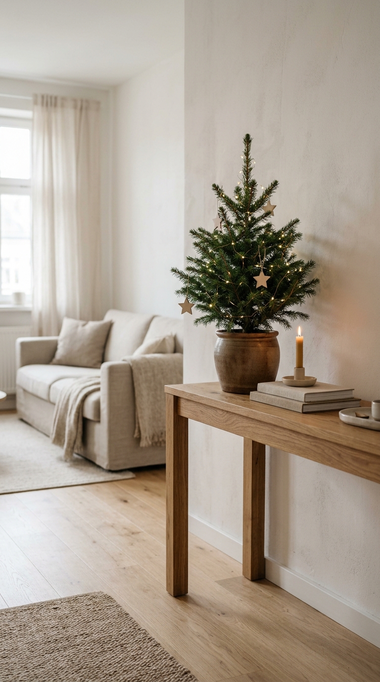Mini tabletop Christmas tree styled on a wooden console table in a compact apartment living room.