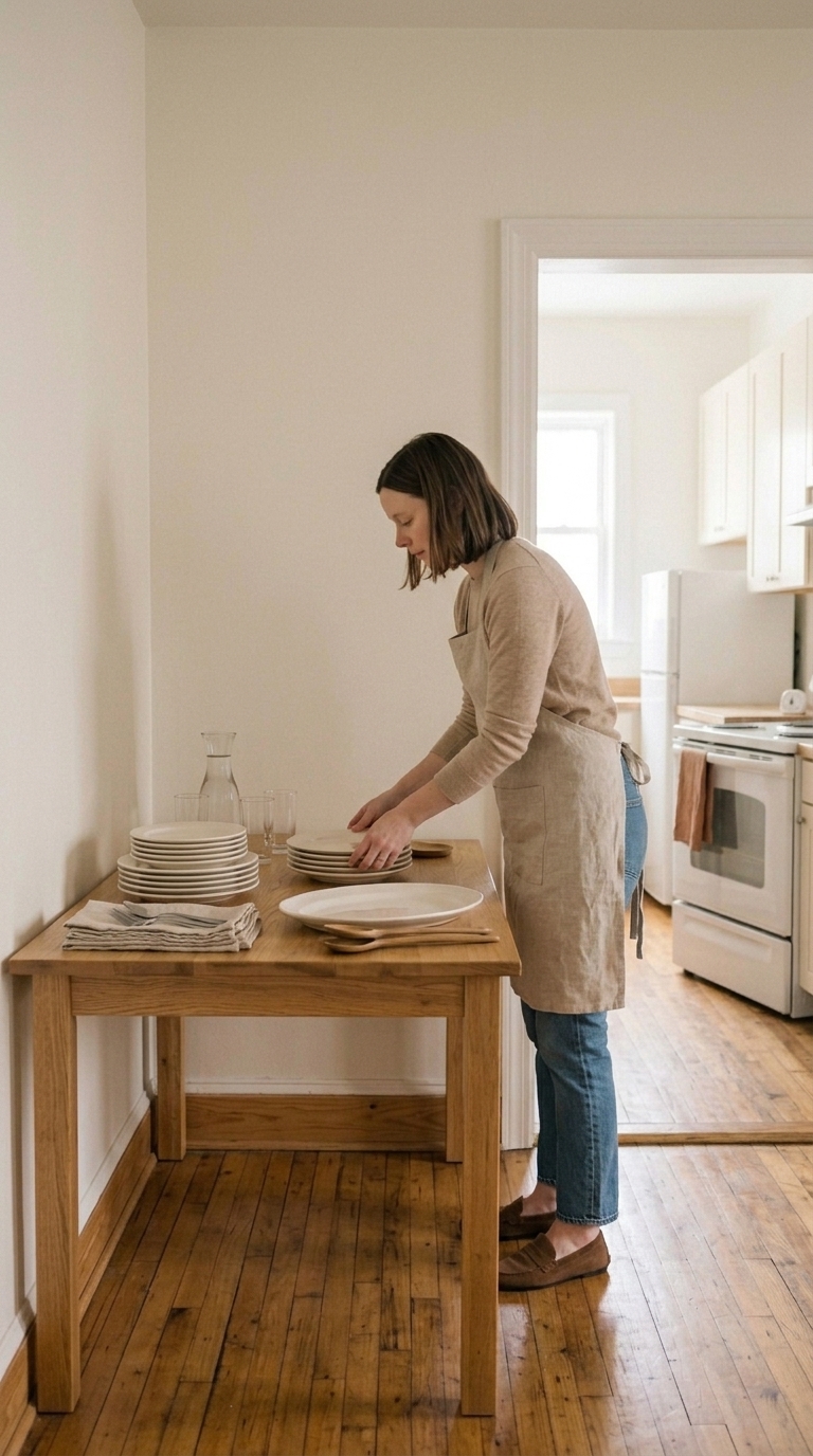 A woman setting out dinner plates and napkins on a dining table buffet station outside a small kitchen for Thanksgiving.
