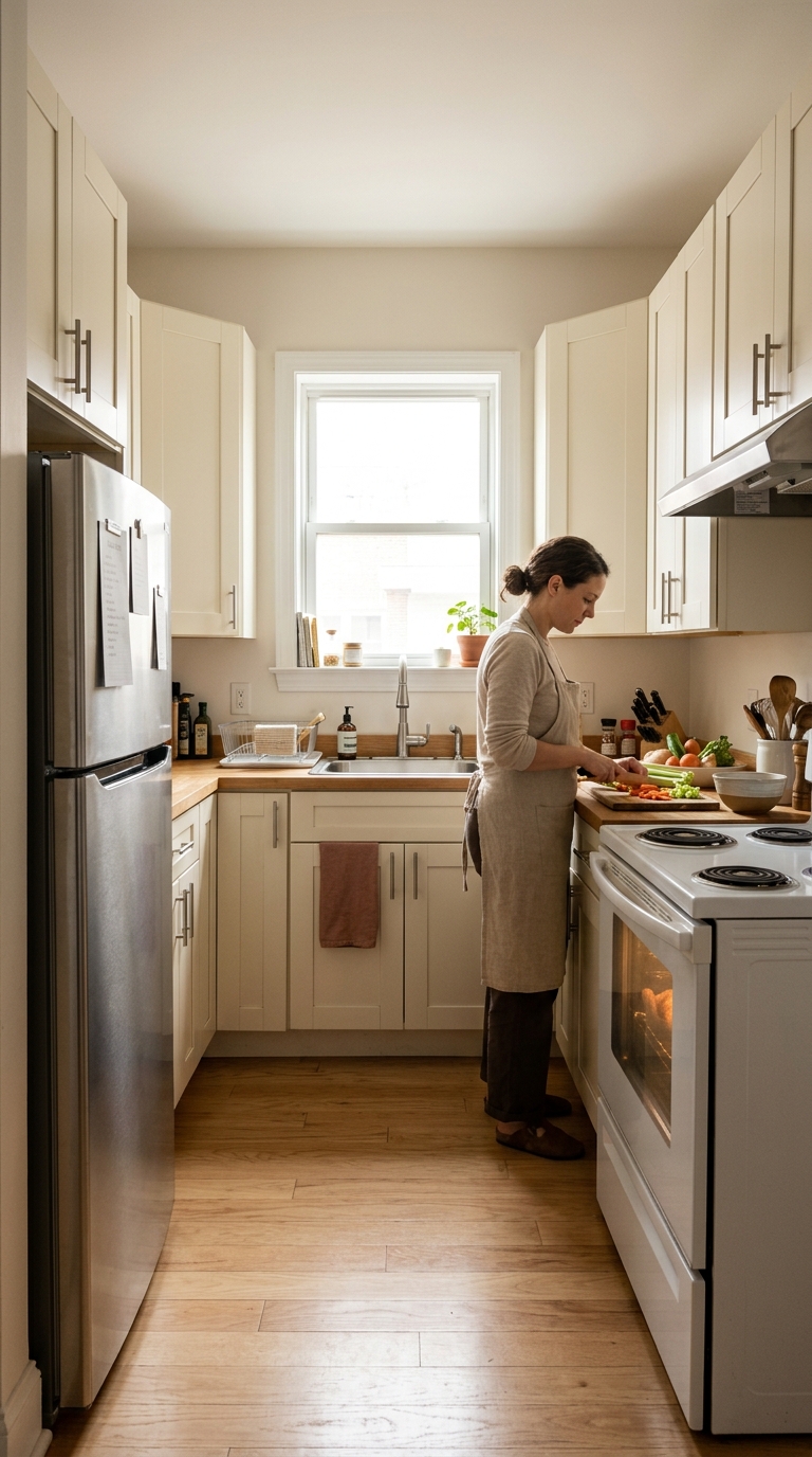 A woman preparing a holiday meal in a narrow galley apartment kitchen with limited counter space, pans on the stove, and casseroles in the oven.