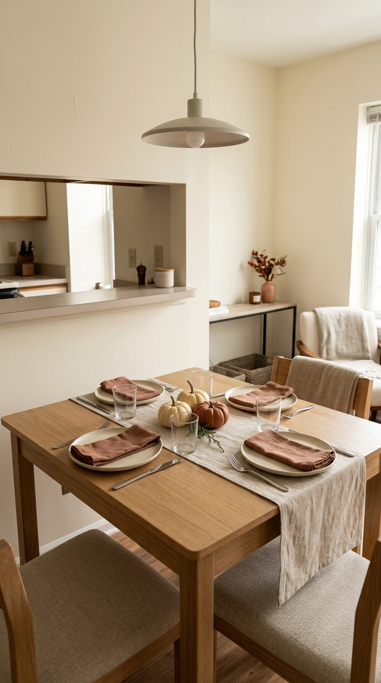 Warm dining nook styled with Thanksgiving table decor for small spaces using a linen runner and mini pumpkins.