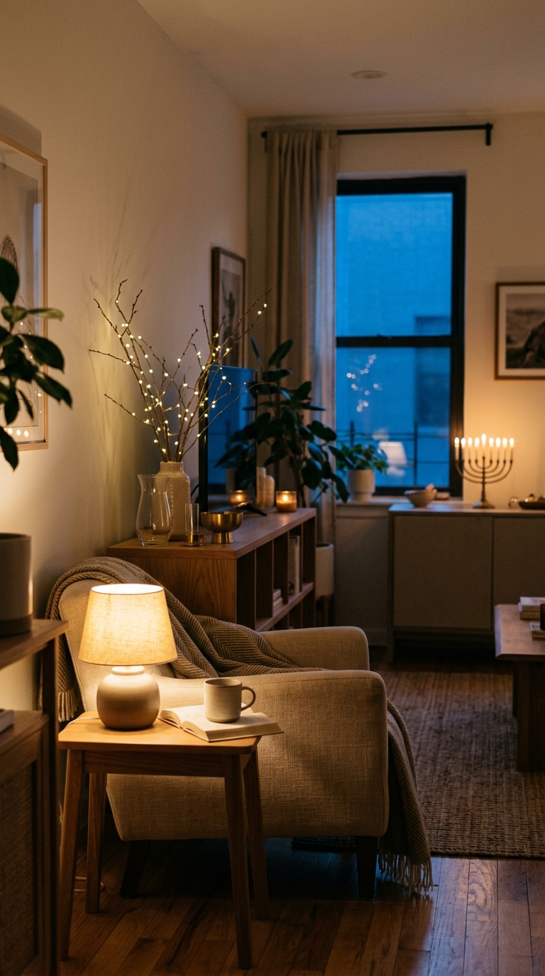 Warm ambient lighting and subtle Hanukkah accents in a small apartment living room