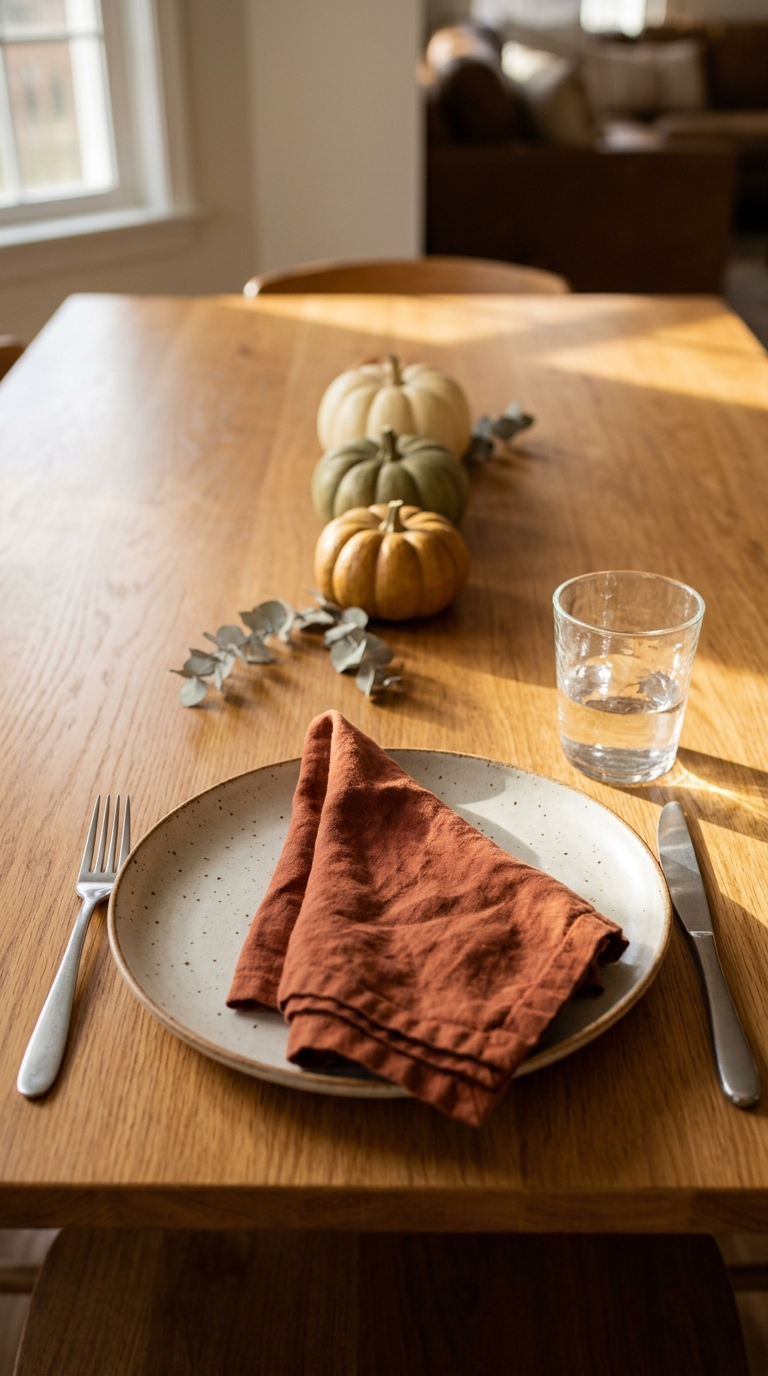 Mini pumpkins and a rust-colored napkin add warmth to a small Thanksgiving table.